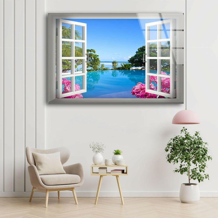 Relaxing poolside view with palm trees and ocean, creating an illusion of depth.
