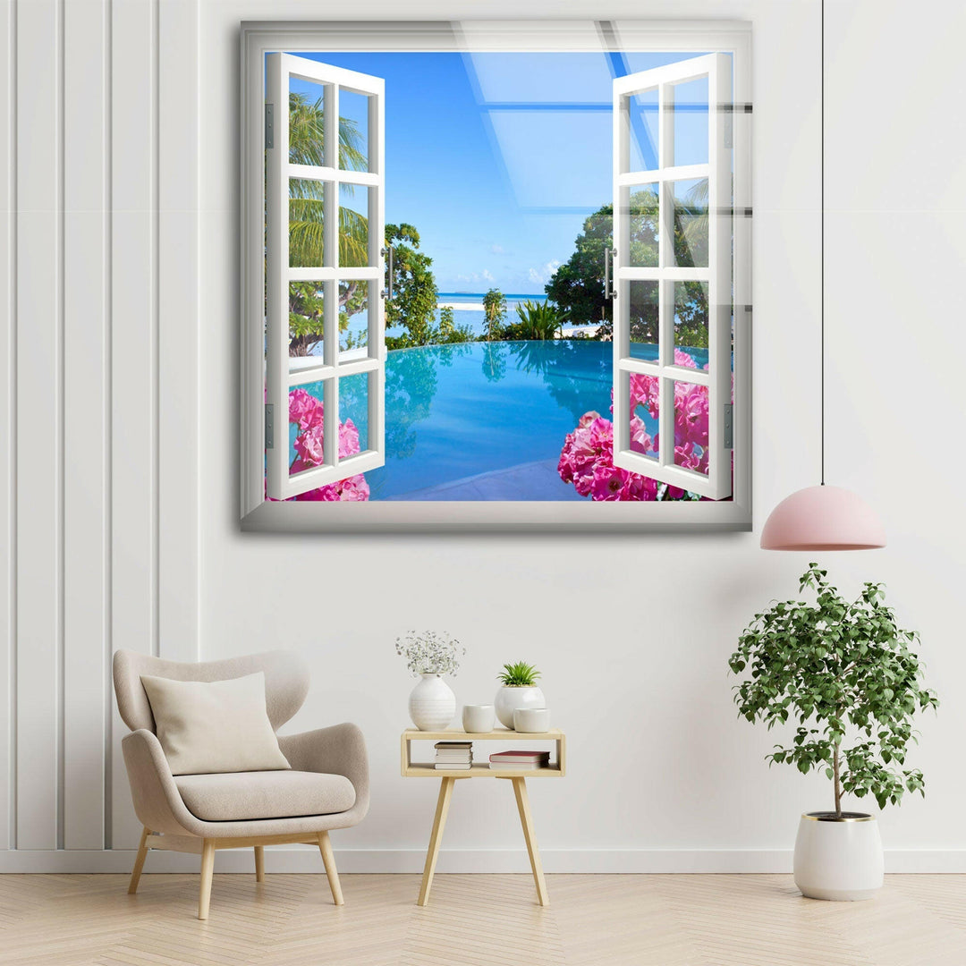 Relaxing vacation-inspired artwork showcasing an open window to a scenic pool and ocean view.
