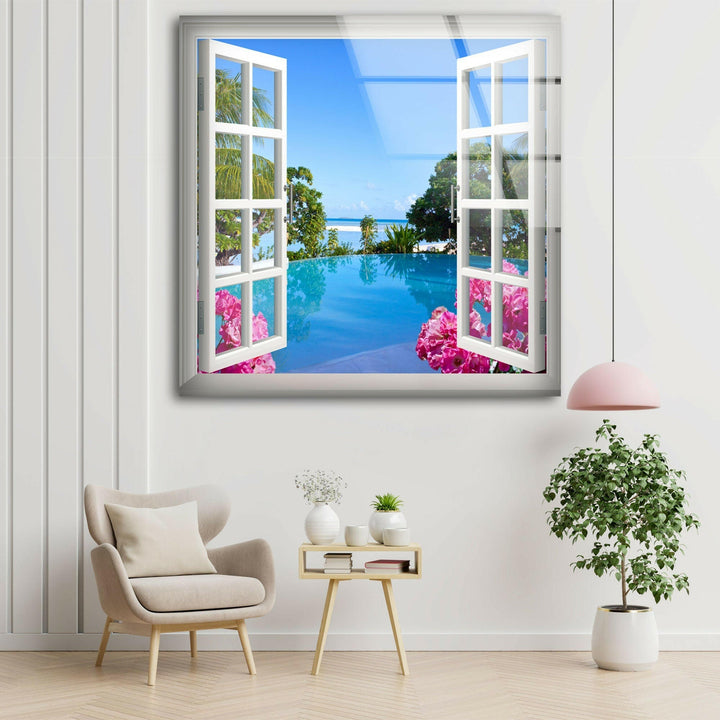 Relaxing vacation-inspired artwork showcasing an open window to a scenic pool and ocean view.
