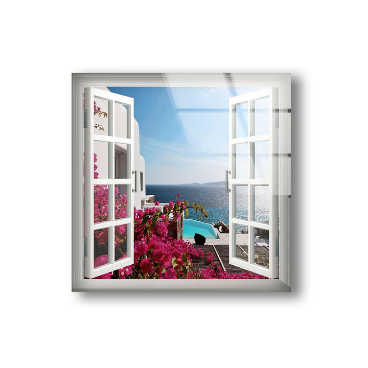 Large landscape wall art depicting a Greek island paradise framed by blooming flowers.
