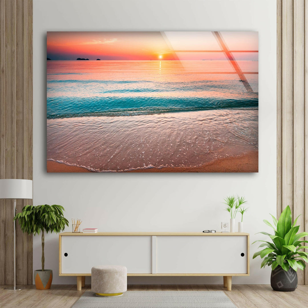 Calm Sea With Sunset Glass Wall Art