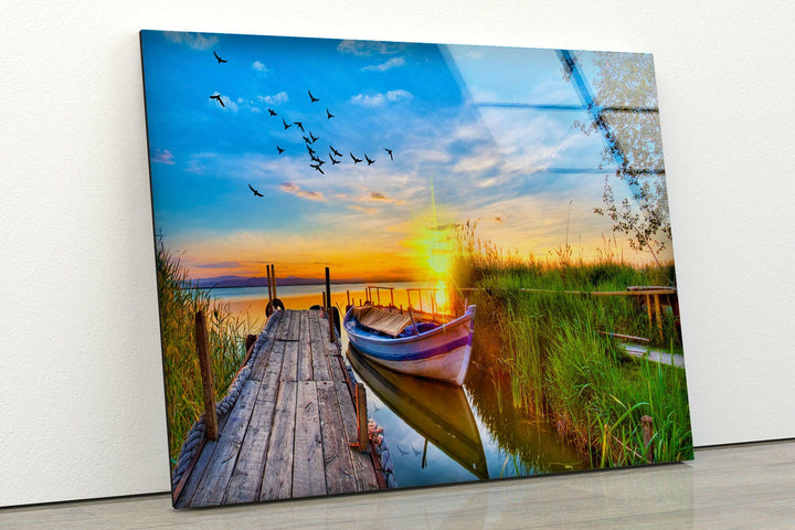 Lake Under Sunset Pier Glass Wall Art
