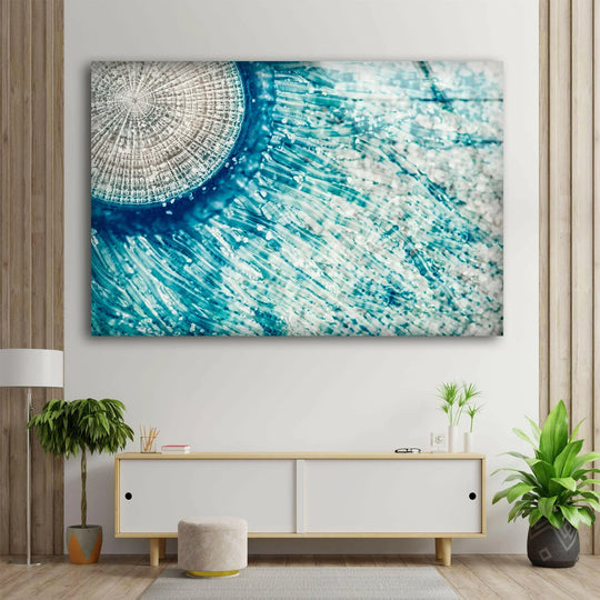 Blue Button Jellyfish decorative wall art features stunning textural layering and vibrant oceanic depth.