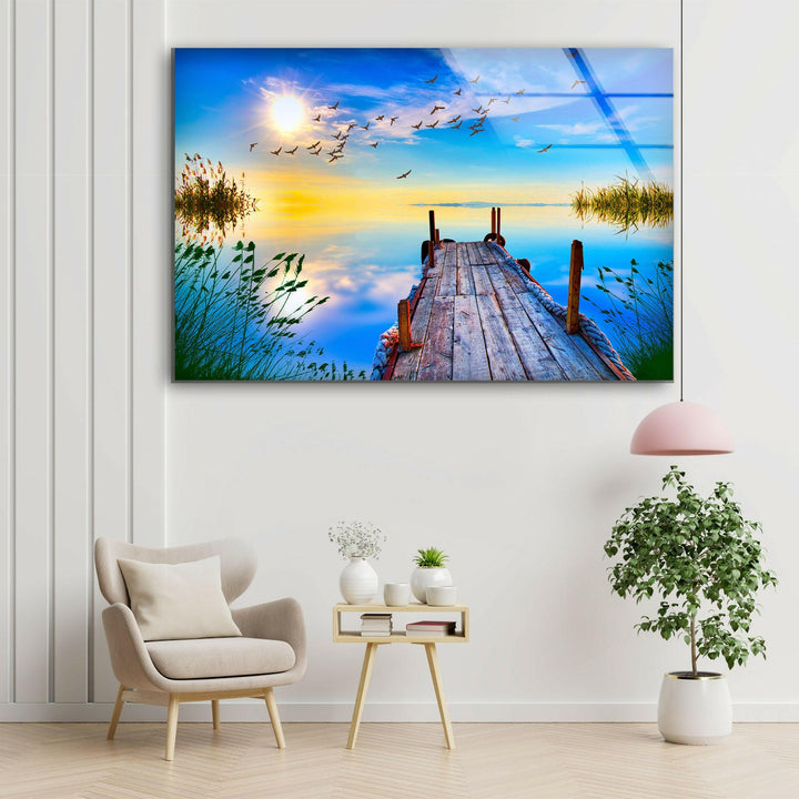 Meereslandschaft mit einem Pier Glas Wandkunst