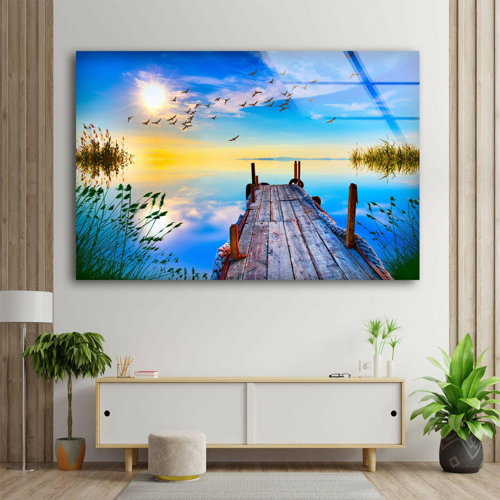 Meereslandschaft mit einem Pier Glas Wandkunst