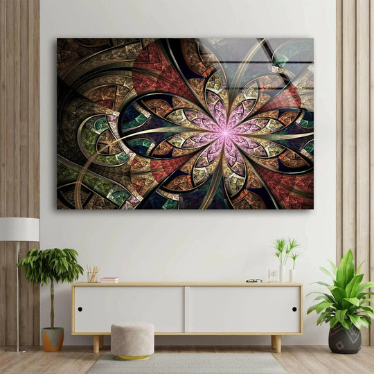 Fractal glass wall art displays a striking color transition from soft pinks to rich reds and earthy browns.