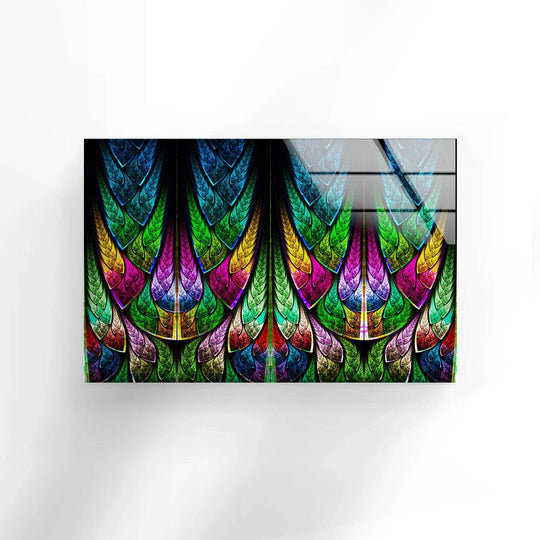 Abstract fractal stained window glass wall art with vibrant color flow, a unique modern wall decor piece.