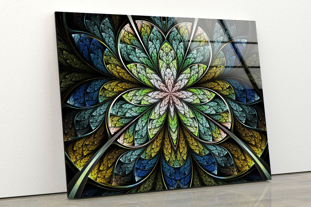 Blue Fractal Flower Glass Wall Art, print on glass, glass printed photos