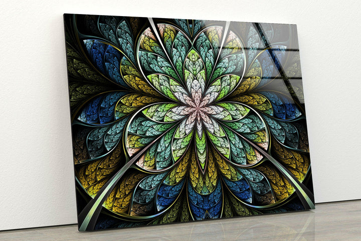 Blue Fractal Flower Glass Wall Art, print on glass, glass printed photos