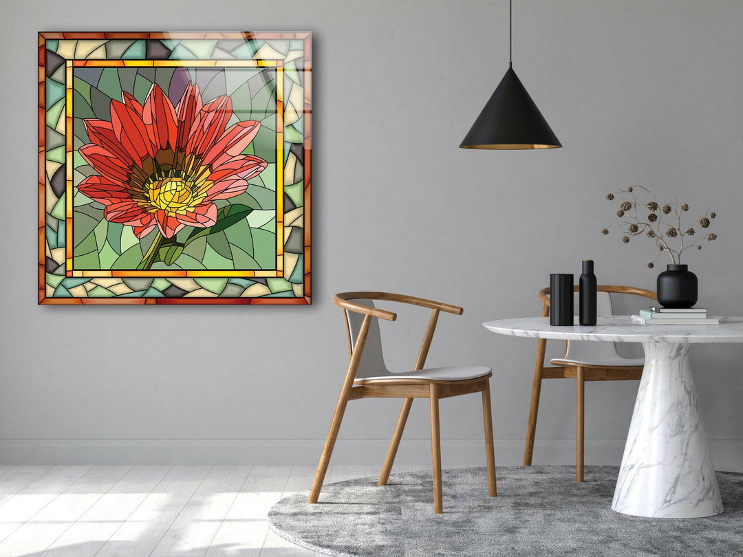 Red Mosaic Flower Stained Glass Wall Art photo print on glass, prints on glass wall art