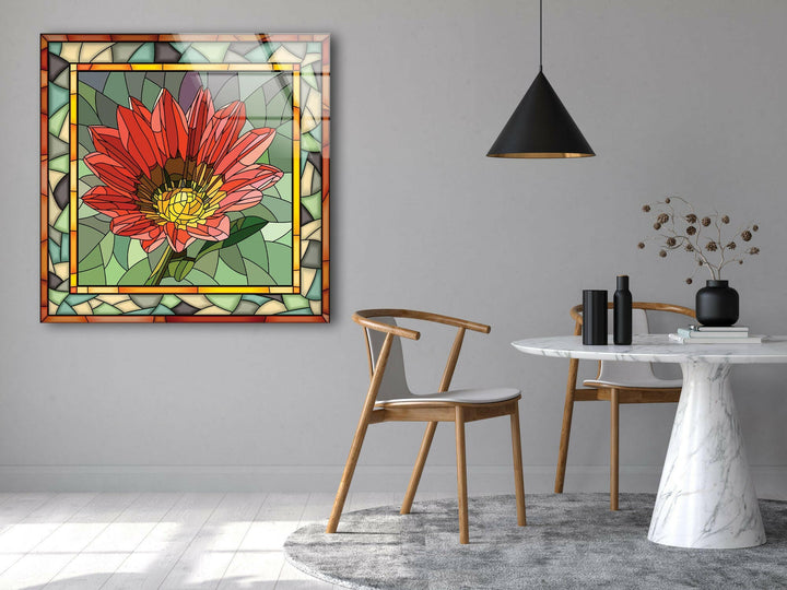 Red Mosaic Flower Stained Glass Wall Art photo print on glass, prints on glass wall art