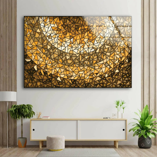 A modern living room with wooden wall panels behind abstract gold stained mosaic art from glass.
