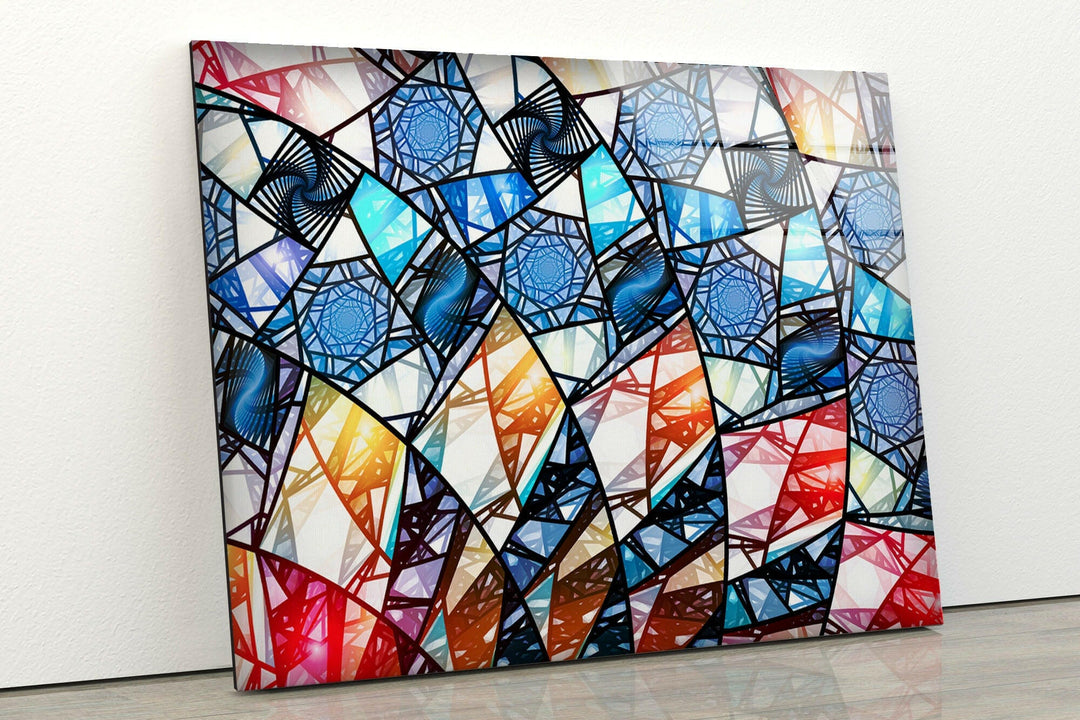 Blue & White Geometric Glass Wall Art print picture on glass, Tempered Glass Wall Art