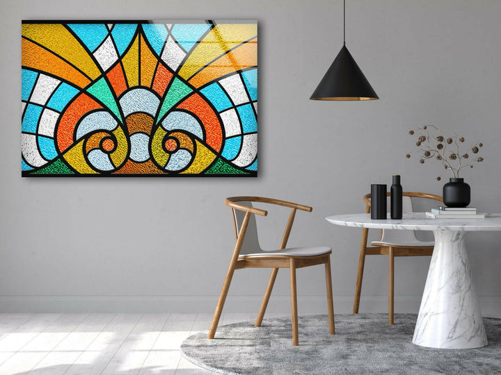 Stained Orange & Blue Glass Wall Art photo print on glass, prints on glass wall art