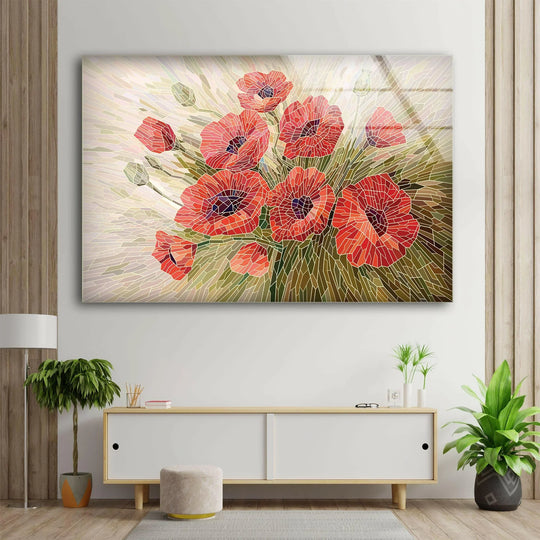 Horizontal and rectangular stained glass art featuring a vibrant red poppies design offers a beautiful piece of glass art to enhance any room.