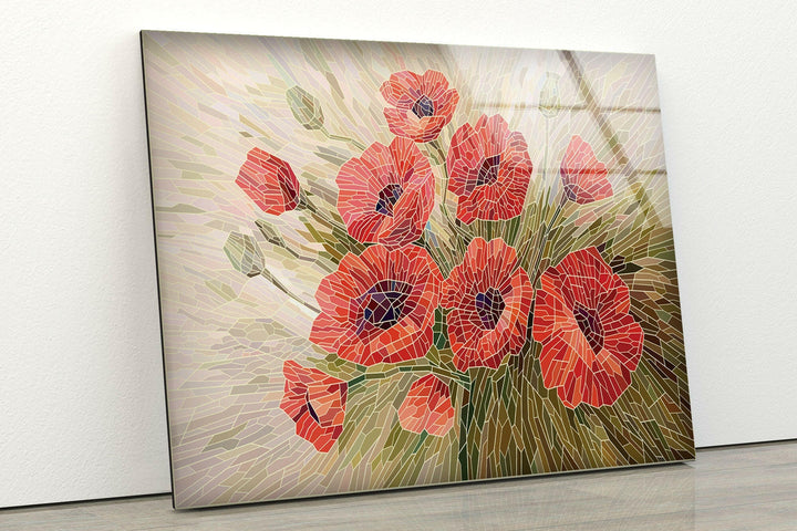 Stained Glass Red Poppies Glass Wall Art, glass art painting, glass art for the Wall
