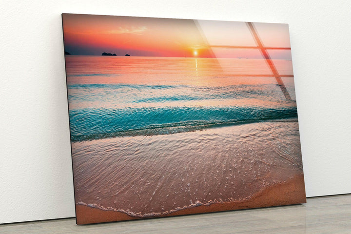 Calm Sea With Sunset Glass Wall Art