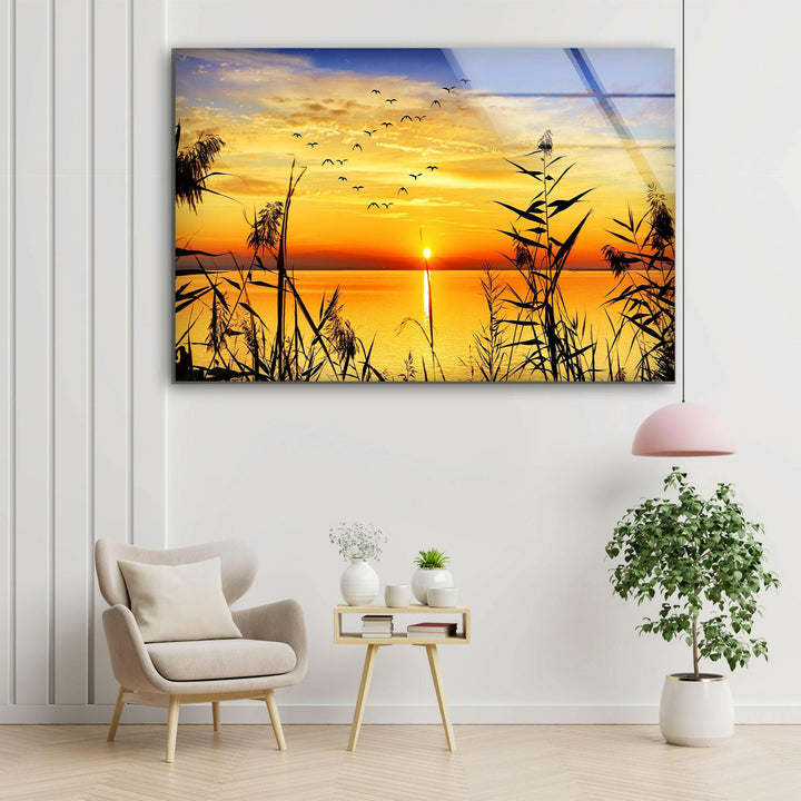 Grass Upon Water By Sunset Glass Wall Art