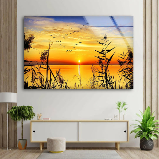 Landscape glass wall art water grass and sunset and peaceful landscape wall art addition for tranquil sunset decor