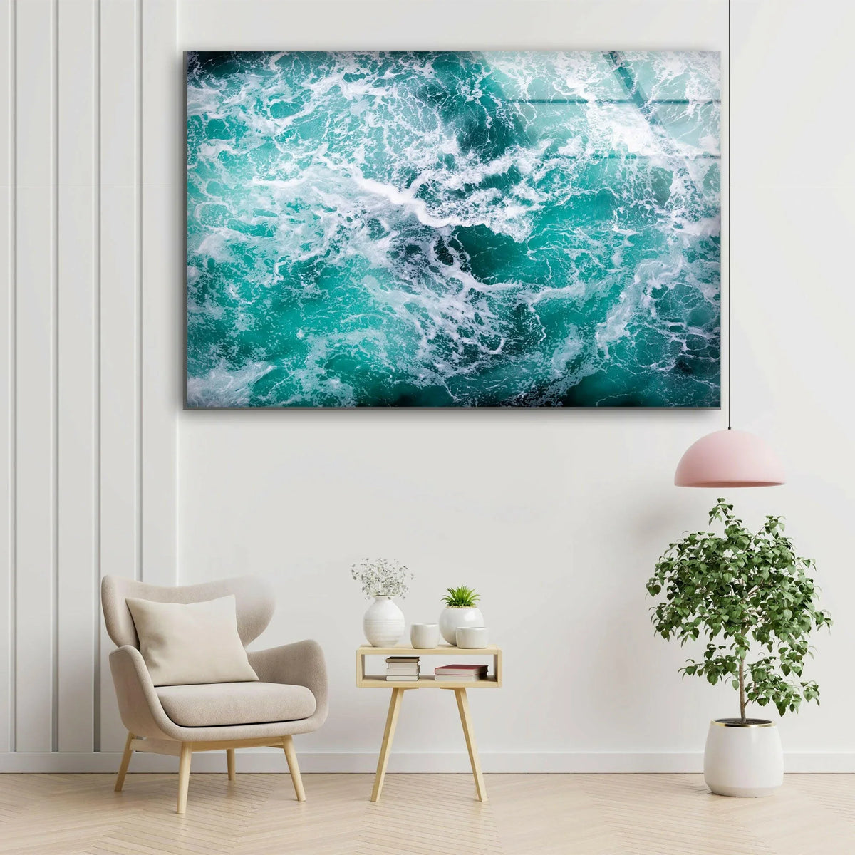 Churned up water in the central subject showcases a vibrant scene, creating a stunning glass wall art decor piece ideal for ocean-themed interiors.