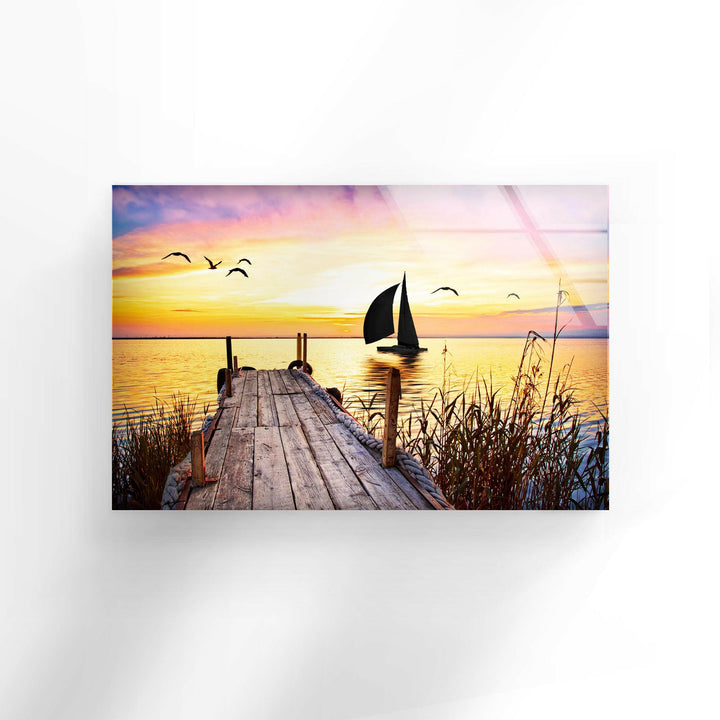 Rustic Wooden Pier and Sunset Glow – A Relaxing Glass Wall Decor
