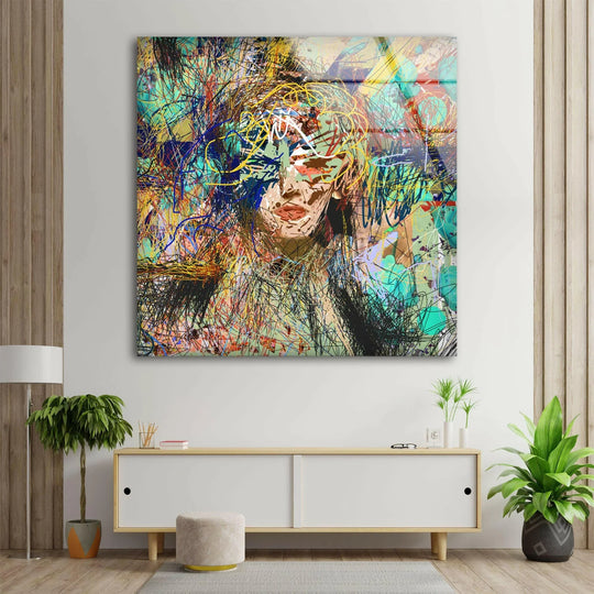 A chaotic explosion of vibrant colors and abstract lines creates a feeling of intense, energetic emotion on this glass printing.