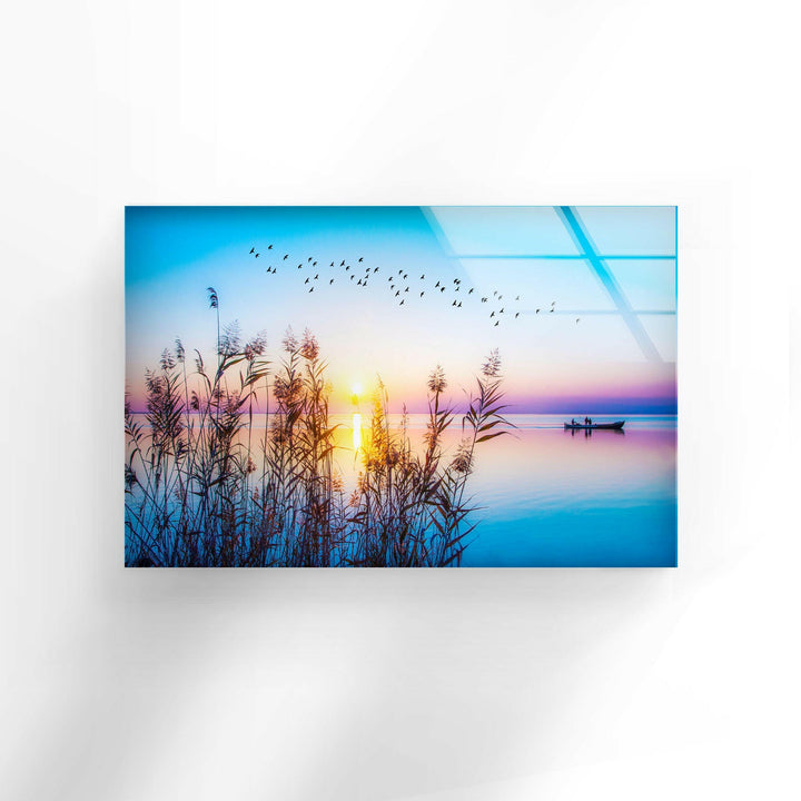 Colorful Sunset On Lake Glass Wall Art photo print on glass, prints on glass wall art