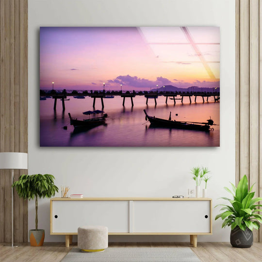 Peaceful Sunset Over the Harbor – A Mesmerizing Glass Print
