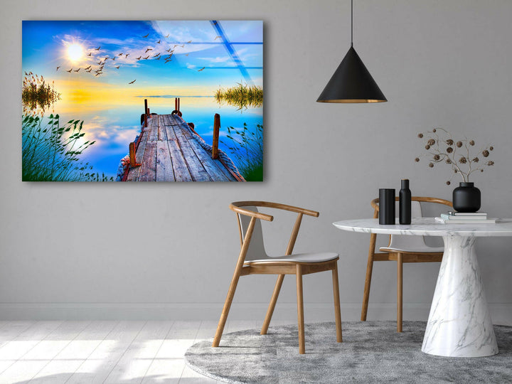 Meereslandschaft mit einem Pier Glas Wandkunst