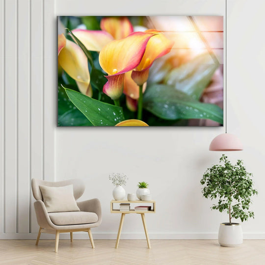 Darkest areas of lush green leaves and maroon calla lily accents complement this art from glass.