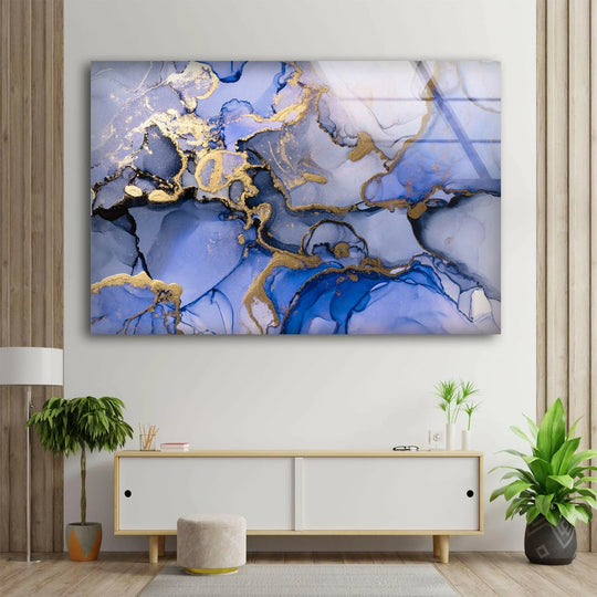Flowing navy and gold swirls create visual rhythm in this stunning abstract art from glass.