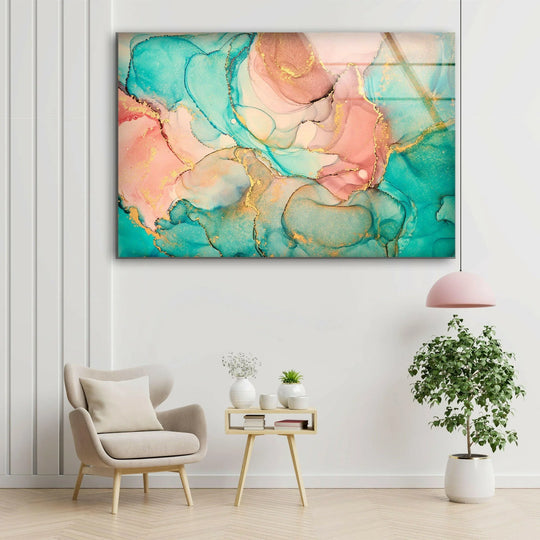 Turquoise alcohol ink glass wall art with swirling pink and gold accents, a vibrant focal point.