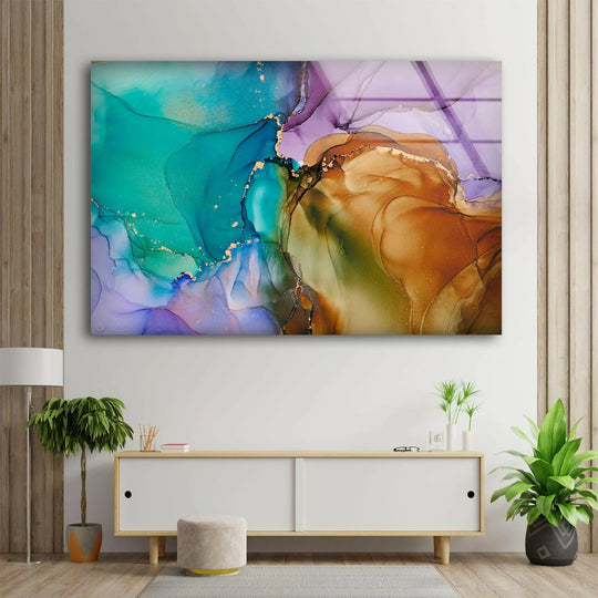 Vibrant green, purple, and brown hues swirl with gold accents in this captivating abstract wall art prints.