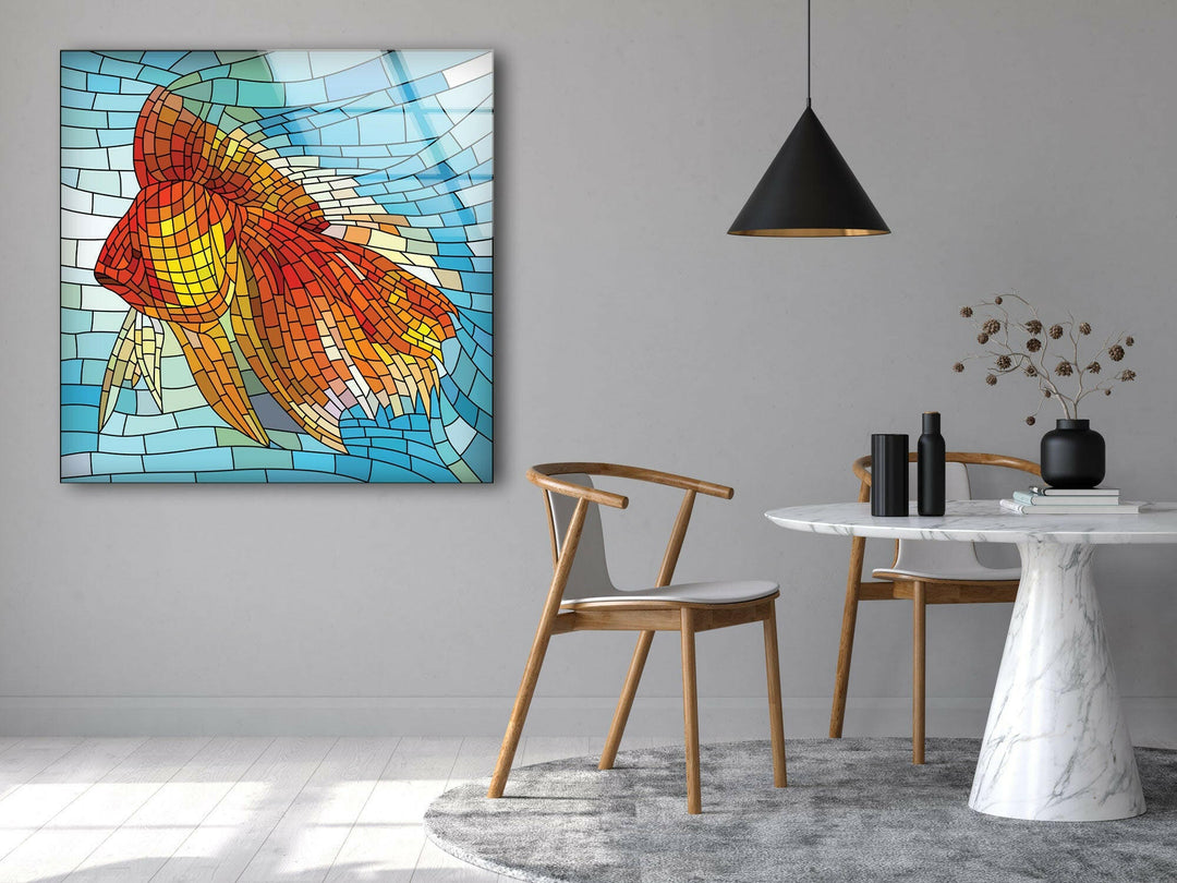 Mosaic Goldfish Glass Wall Art picture on glass wall art, photos printed on glass