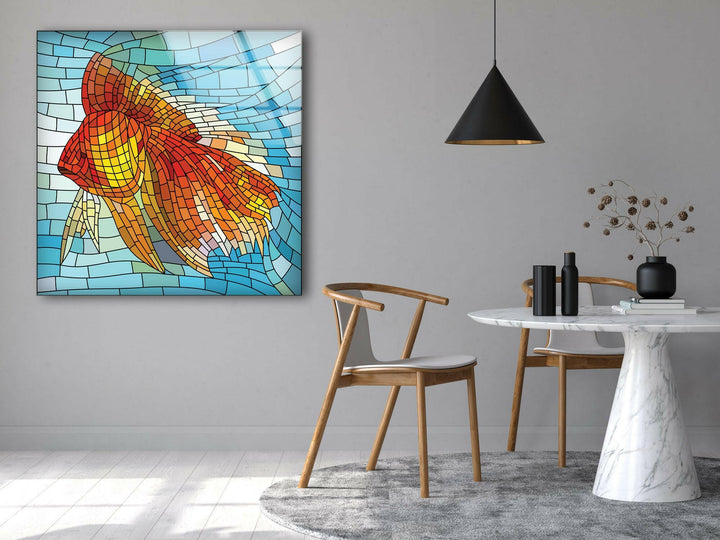 Mosaic Goldfish Glass Wall Art picture on glass wall art, photos printed on glass