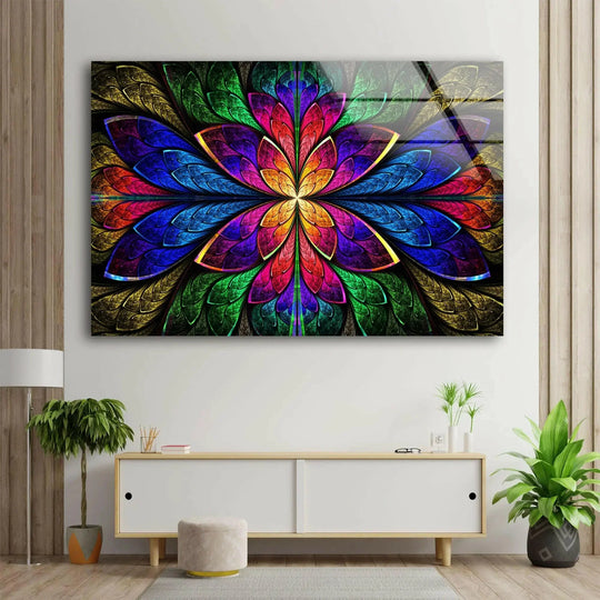 A vibrant, fractal glass printing of a flower in full bloom radiates stillness on a modern wall.