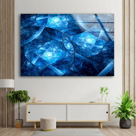 Explosion of sapphire blue fractal patterns, the loudest element on this hanging wall art.