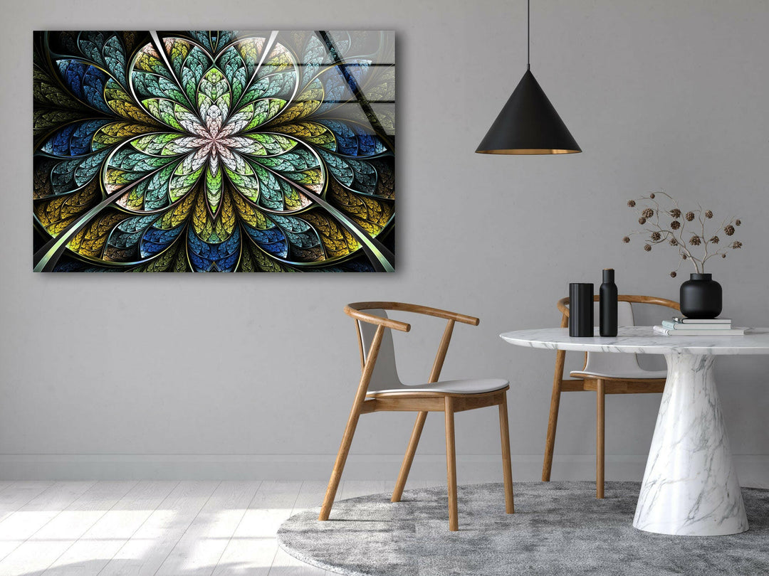 Blue Fractal Flower Glass Wall Art, photo print on glass, prints on glass wall art
