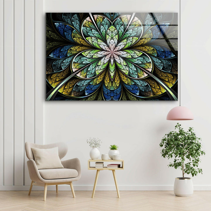 Blue Fractal Flower Glass Wall Art, large glass photo prints, glass wall photos