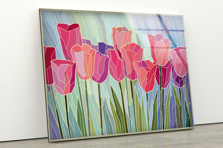 Pink Tulip Stained Glass Wall Art, photo print on glass, prints on glass wall art