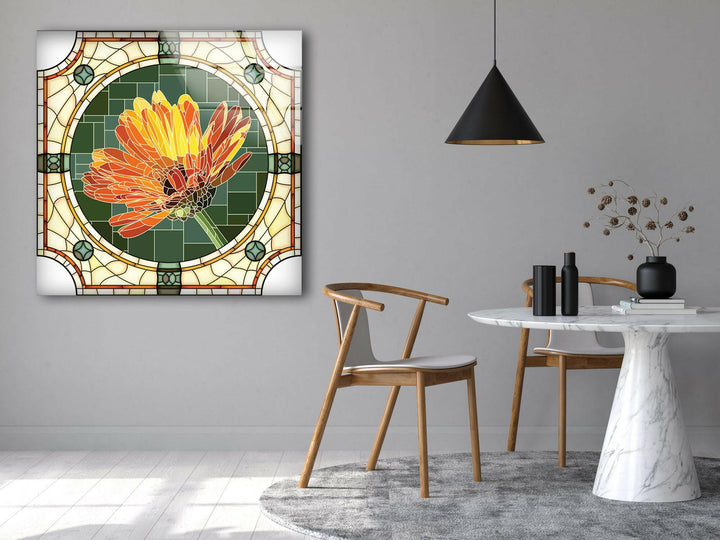 Stained Flower Orange Glass Wall Art print picture on glass, Tempered Glass Wall Art