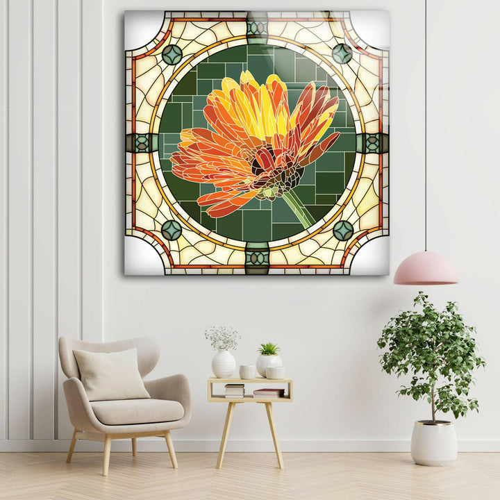 Stained Flower Orange Glass Wall Art print on glass, glass printed photos