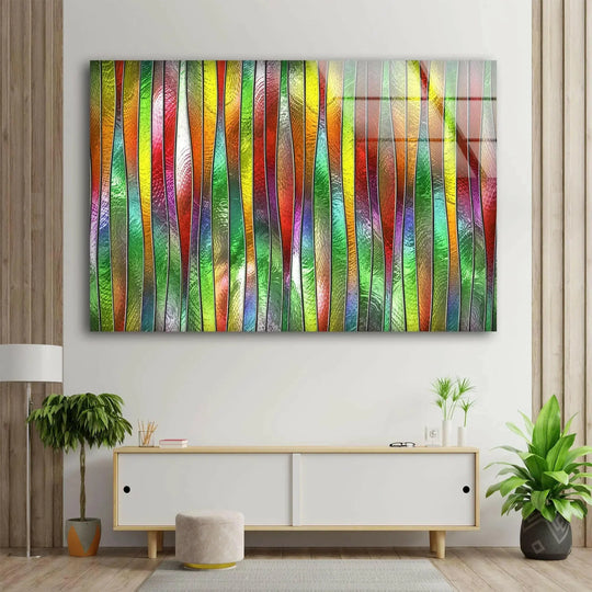 A horizontal glass printing of vertical, wavy, colorful abstract shapes creating a vibrant and dynamic visual.