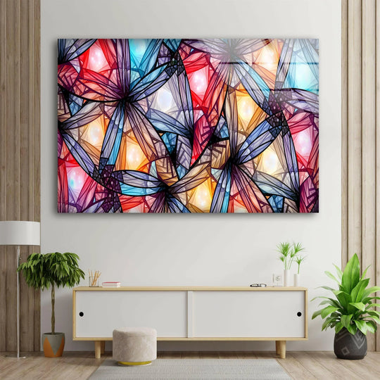 A vibrant abstract glass wall art print with a multifaceted, glossy surface texture.