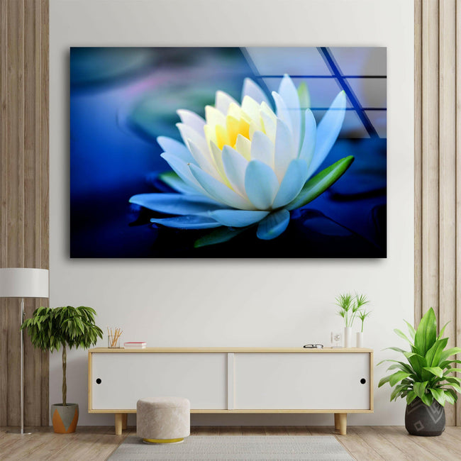 White and Blue Floral Tempered Glass Wall Art