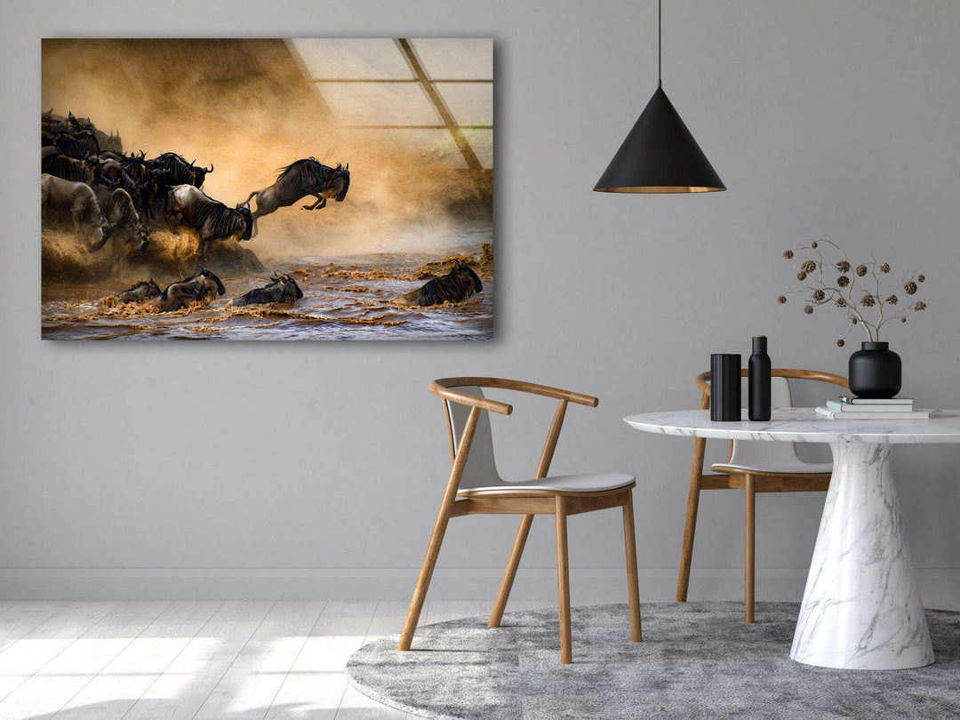 Wildebeests Running on Safari Glass Wall Art print picture on glass, Tempered Glass Wall Art