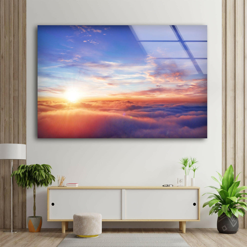 Serene Sunrise Above the Clouds – A High-Definition Glass Wall Print
