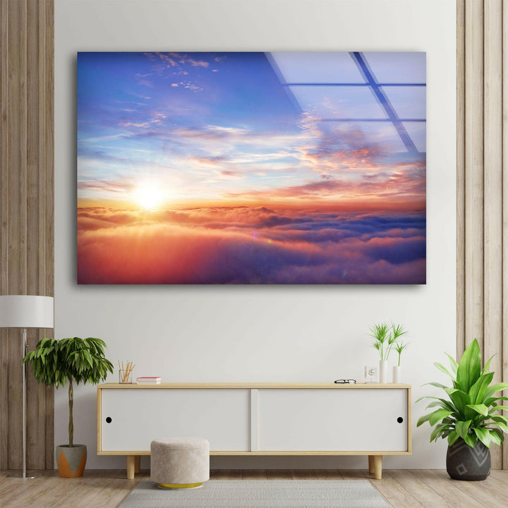 Serene Sunrise Above the Clouds – A High-Definition Glass Wall Print
