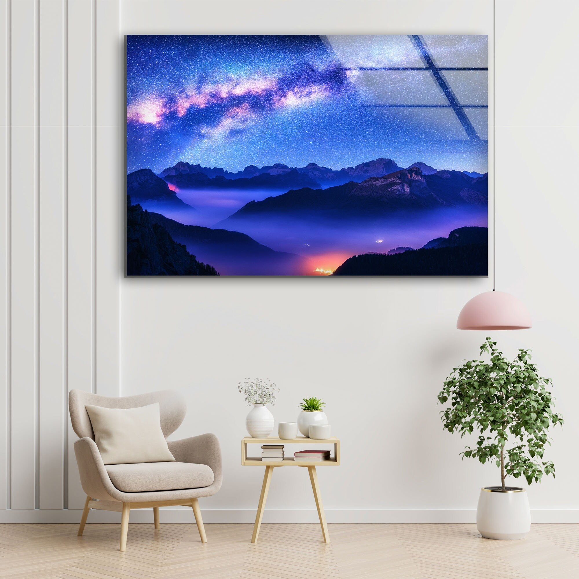 Purple Sky with Milky Way Tempered Glass Wall Art
