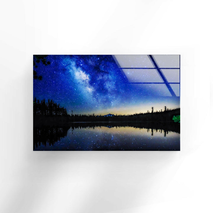 Celestial Wonder: Milky Way and Lake Reflection – A Captivating Glass Wall Art
